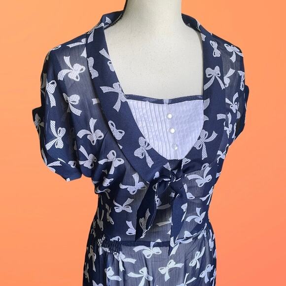 Bettie Page Las Vegas XL 10 Navy Blue & White Bow 40s Style Day Dress - Picture 3 of 13